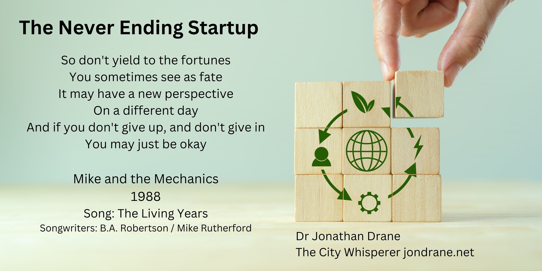 The Never Ending Startup Podcast by Dr Jon Drane The City Whisperer. on jondrane.net Startup journey and stories of longevity Quote Mike and the Mechanics The Oiving YEars